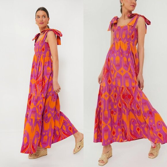 Sheridan French NEW Kelly Maxi Bow Dress in Sunset Ikat Purple Orange Size XS - Picture 1 of 9